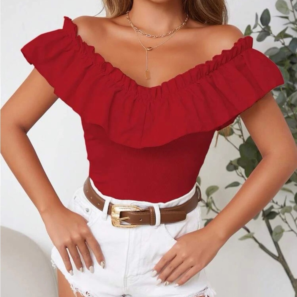 Solid Off Shoulder Ruffle Trim Tee - Picture 4 of 4